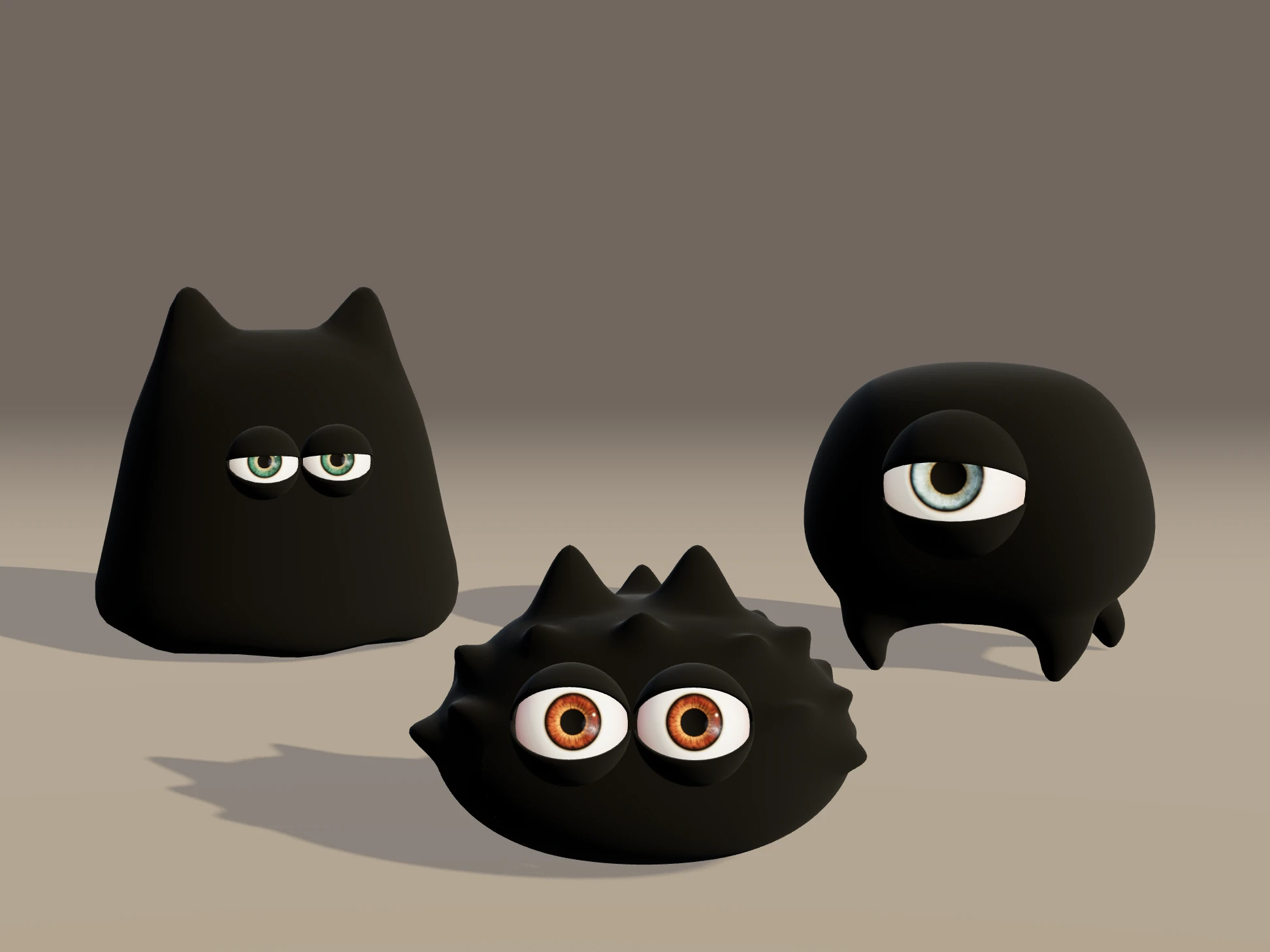 Three soft black monsters with glossy, realistic eyes on a warm beige floor.