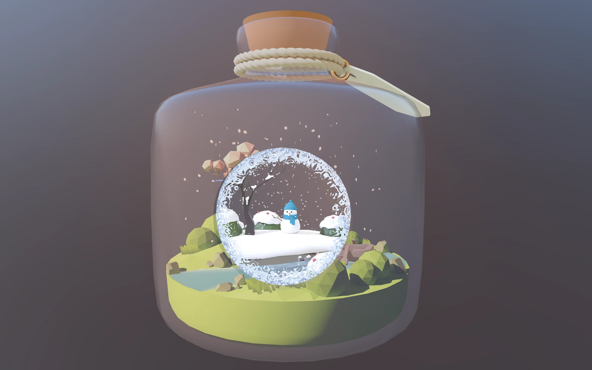 A glass bottle holding a small snowy island under a bubble.