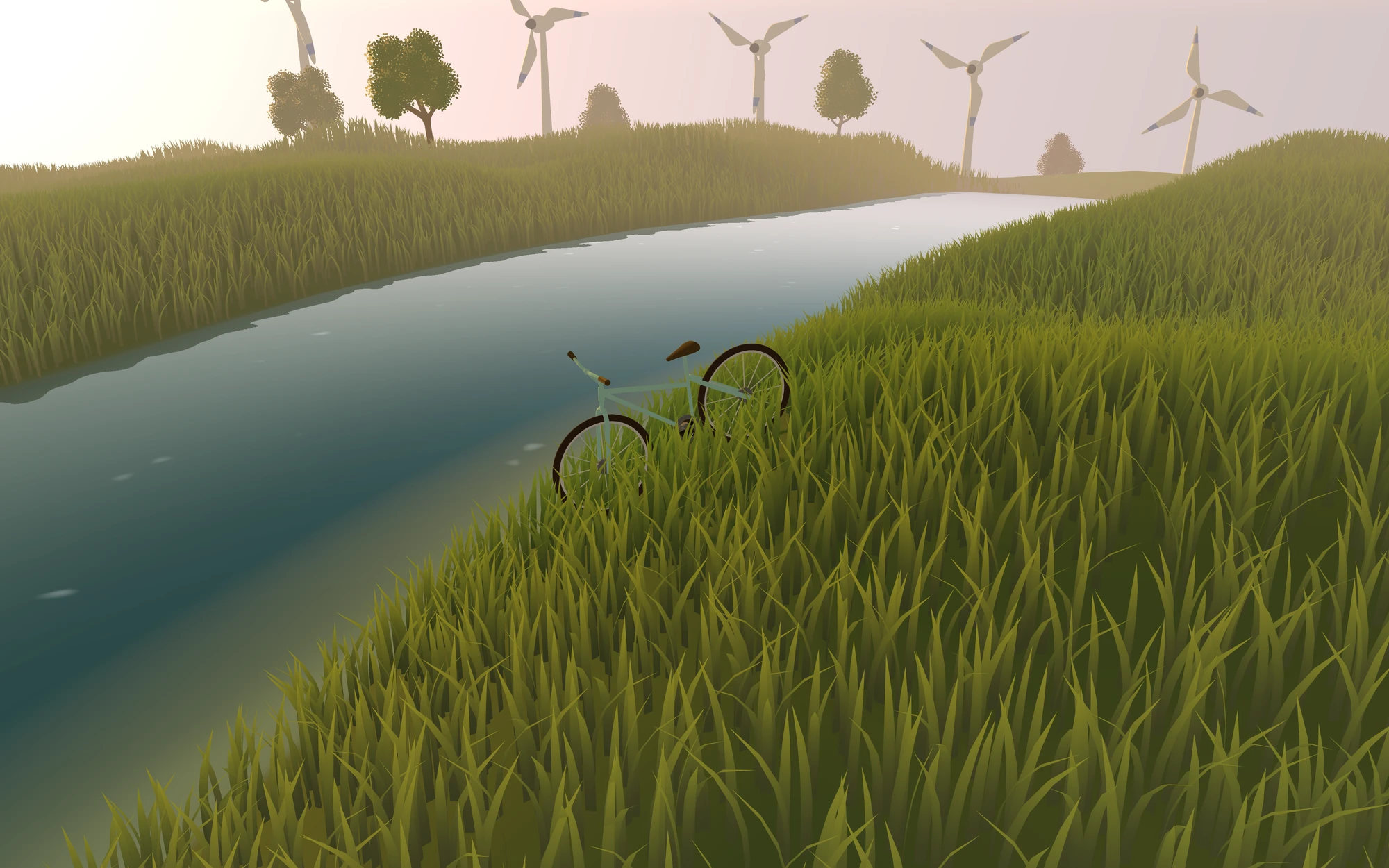 A bicycle resting in tall grass beside a river, wind turbines on the horizon.
